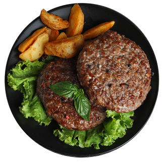 Cooked hamburger patties prepared on a plate with potato fries and lettuce  