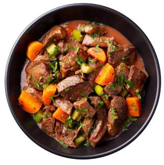 Prepared stew meat soup in a bowl